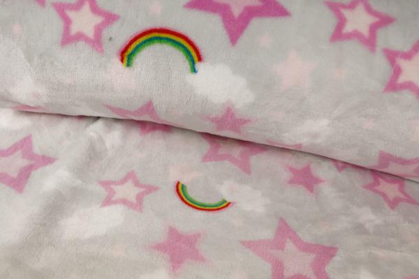 Flanell Fleece Druck Pinke Sterne mit Regenbogen auf Hellgrau
